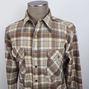 Vintage 70’s-80’s Pendleton Mens L Andy Anderson’s OKC Plaid Shirt Tan/Brown